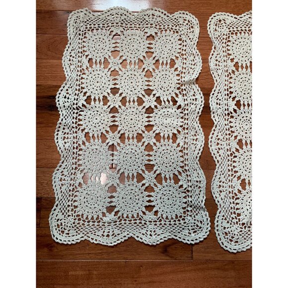 Vintage Handmade Crochet Doilies Set of 2 Rectangular 12"x20" Ivory Lace - Picture 2 of 8